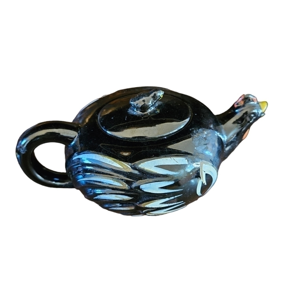 Vintage Rooster and Chick Redware farmhouse teapot.